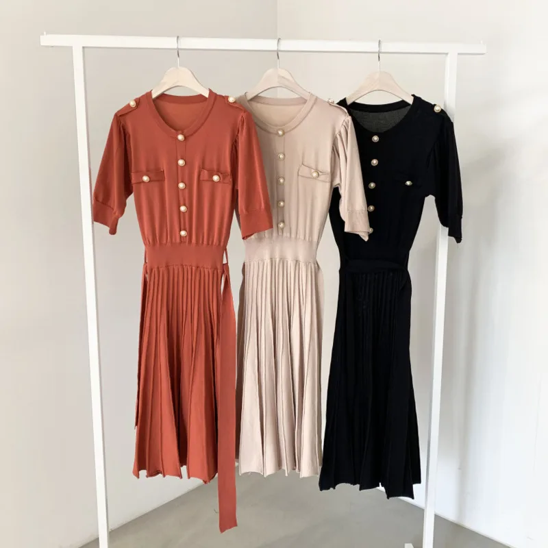 

High Quality Summer Vintage Knitted Women Dress Half Sleeve Single-Breasted Belted Pleated Dresses Elegant Fashion Lady Vestidos