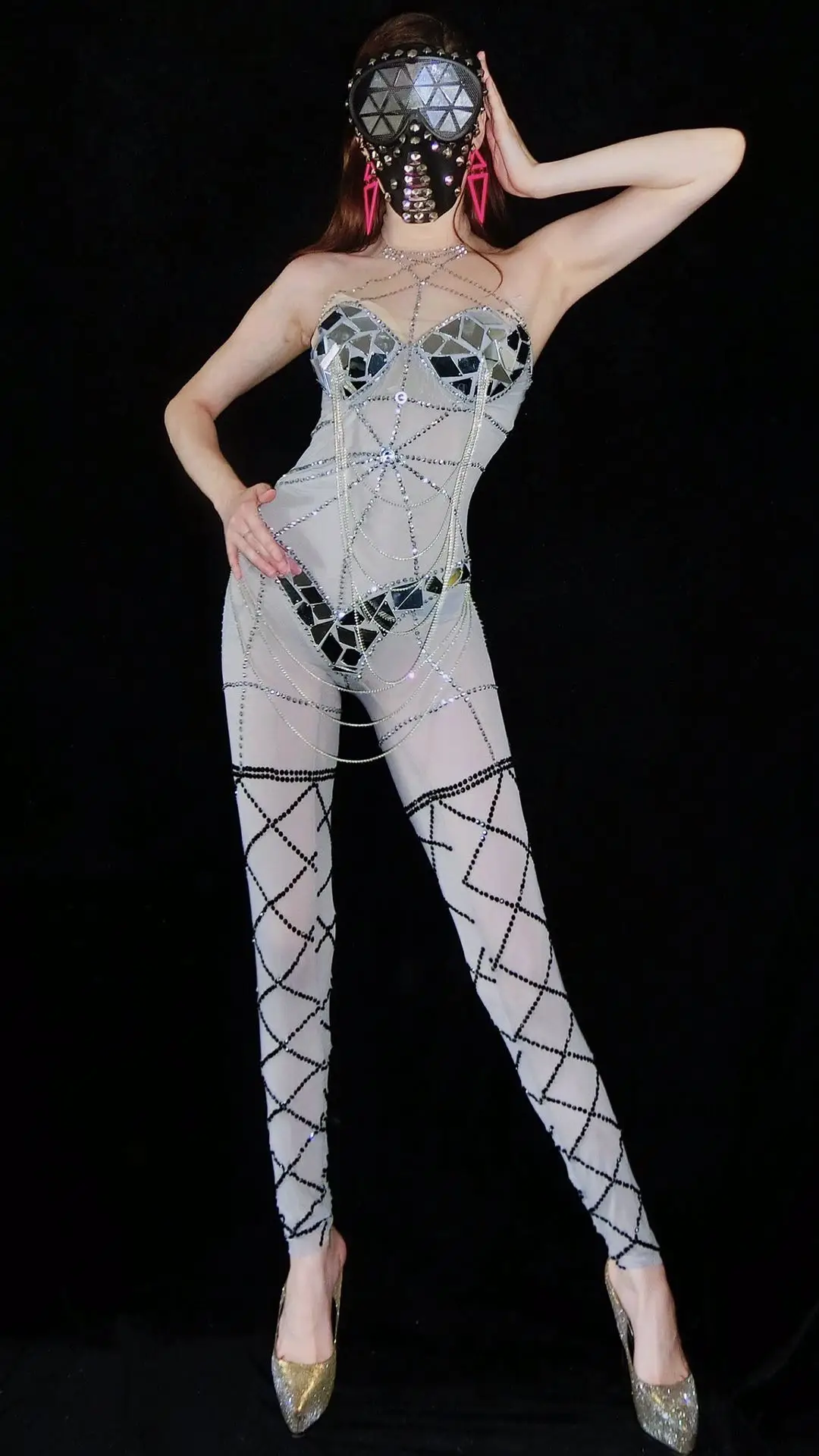 Women Singer Dancer DJ Stage Wear Sexy Transparent Silver Sequins Rhinestones Jumpsuit Performance Clothes Nightclub Costume