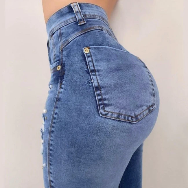 

High Waist Jeans Women Sexy Push UP Denim Pencil Pants Woman Plus Size Skinny Stretch Jean Femme Ripped Holes Beading Trousers