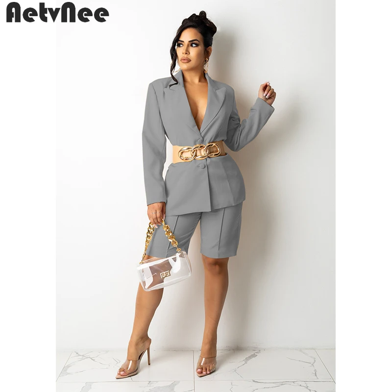 

AetvNee Solid Short Suits Women Blazer Sets Autumn Single Breasted Blazers + Straight Shorts Two 2 Piece Set Office Lady Outfits