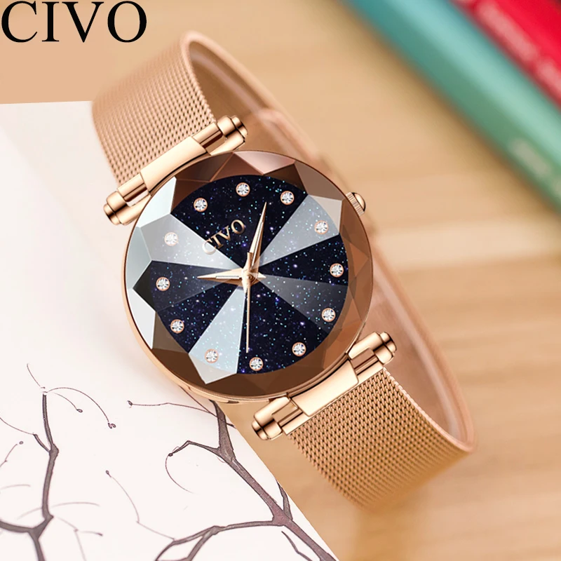 CIVO модные роскошные женские хрустальные часы водостойкие розовое золото Сталь