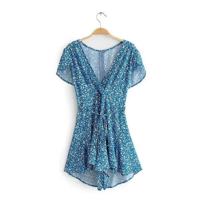 Богемный пляжный комбинезон с поясом небесно голубой цветочный глубоким V