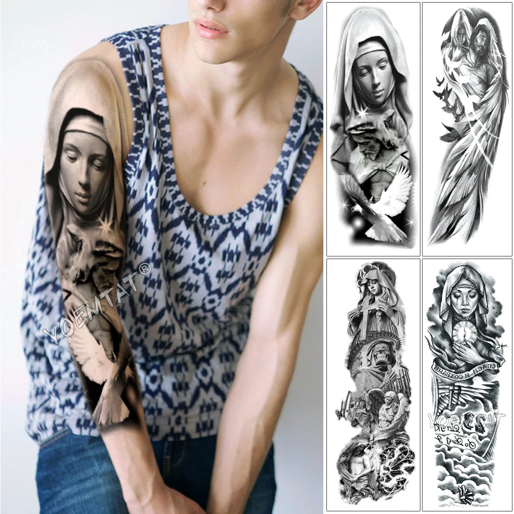 

Large Arm Sleeve Tattoo Virgin Mary Jesus Waterproof Temporary Tattoo Sticker Pigeon Praying Roses Men Full Skull Totem Tattoo