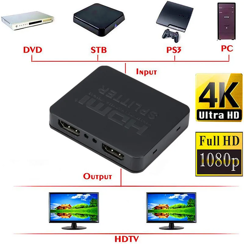 

Full HD 1080p HDMI-compatible 4K Splitter Switch Switcher 1X2 Split Amplifier Dual Display for DVD for PS3 HDTV 1 In 2 Out