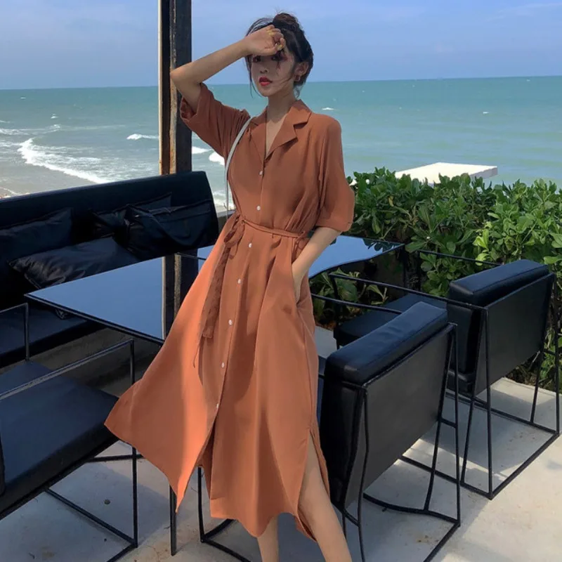 Женское повседневное однобортное платье-рубашка элегантное Свободное длинное