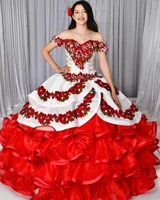 vintage red and white quinceanera dresses mexican two piece removeable skirt prom dress lace organza ruffles sweet 16 birthday