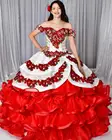 Винтажное красно-белое платье Quinceanera, мексиканские платья из двух частей, съемная юбка, платье для выпускного вечера, кружевное милое платье из органзы с оборками на день рождения 16