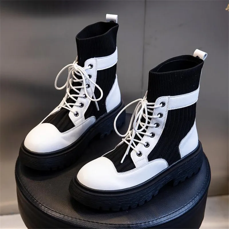 Jual Wanita Trendi Wanita Kulit 2021 Baru Musim Gugur Dan Musim Dingin Gaya Inggris Dalam Tabung Wanita Sepatu Mode Peregangan Kaus Kaki Sepatu
