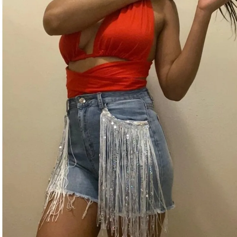 

Fashion Sequin Tassel Denim Shorts Sexy Women High Waist Casual Straight Club Shorts Jeans Summer Straight Pants