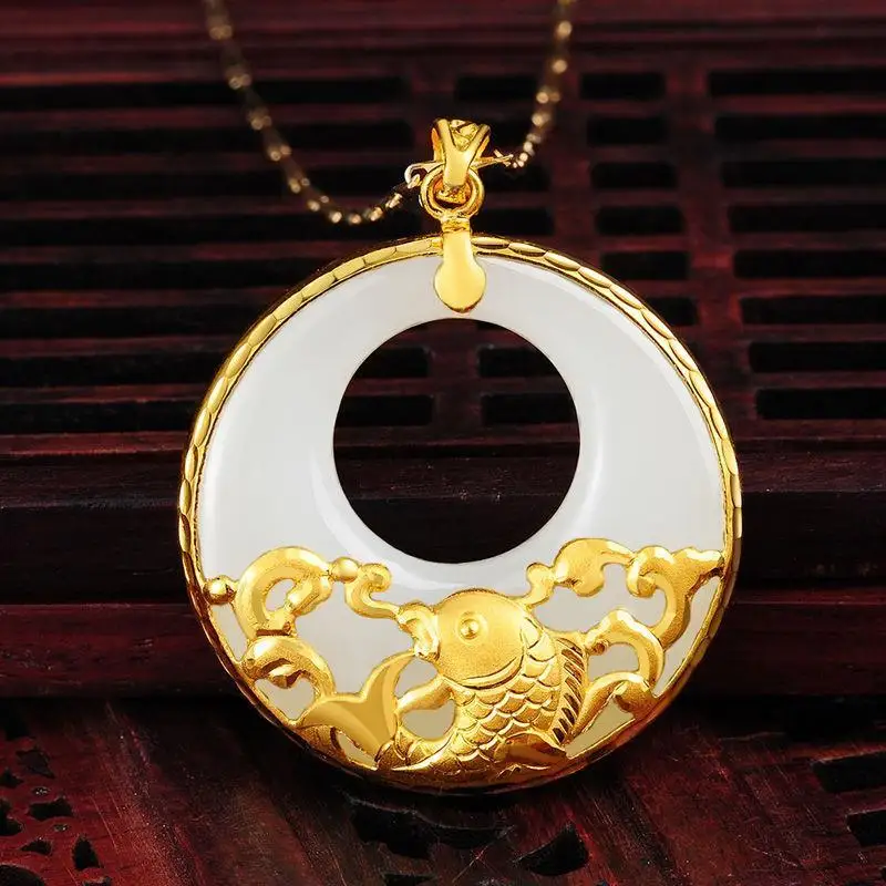 

Natural Hetian Jade Peace Buckle Necklace Women's Peace Buckle Gold Koi S925 Sterling Silver Pendant