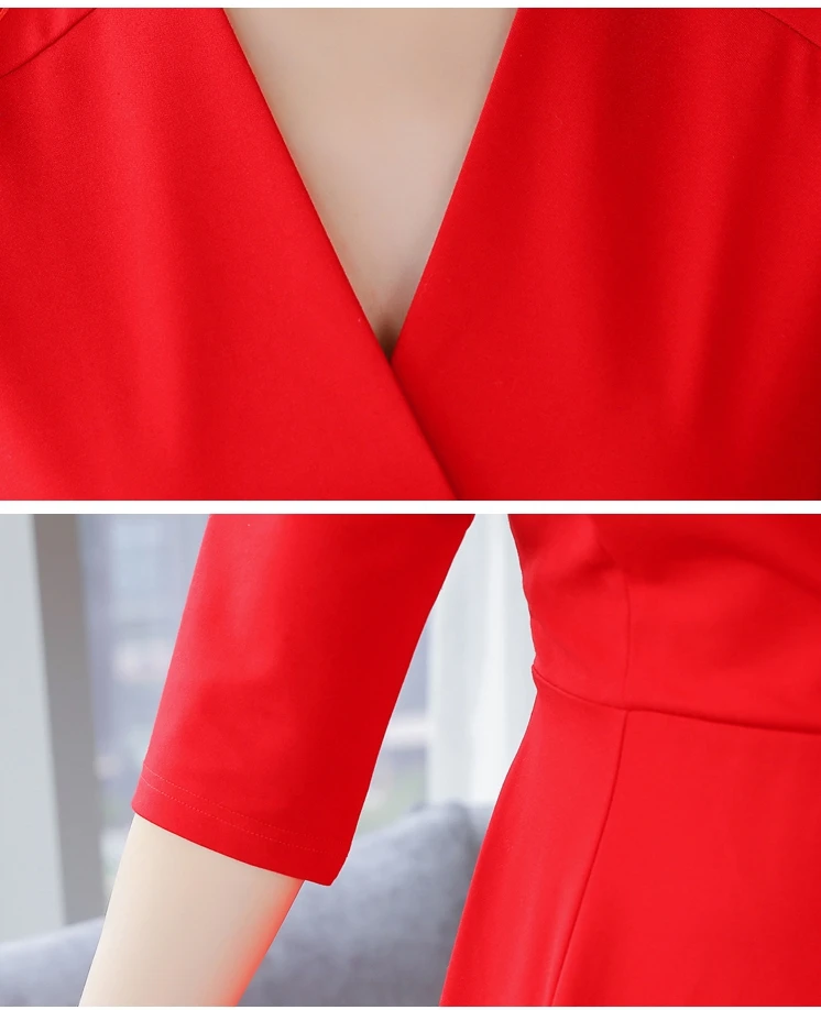 

Party dress women autumn winter V-neck Slim lace dress office ladies black red OL midi dress female