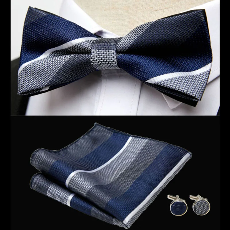 

Wedding Ties for Men Silk Striped Fashion Bowtie Pocket Square Cufflinks Set Luxury Bow Ties For Men