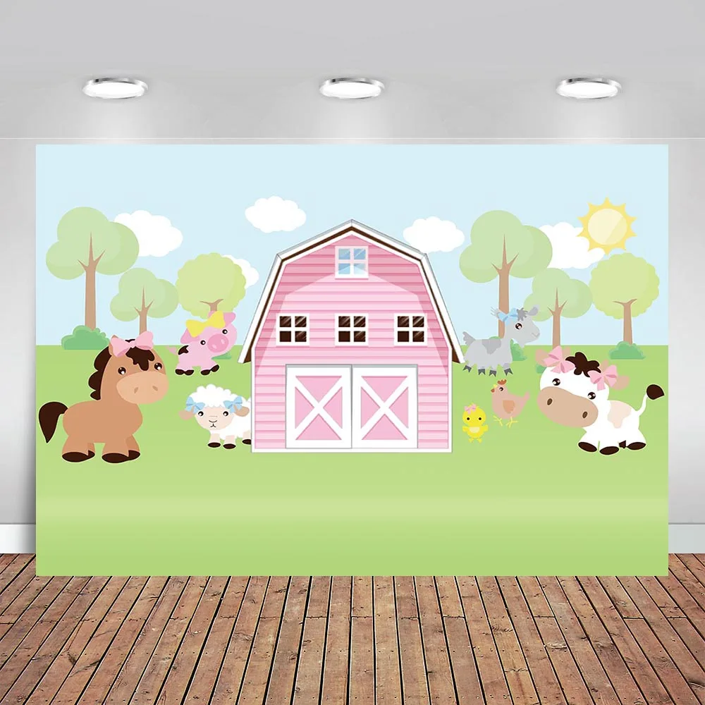 Cartoon Farm Pink Barn Animal Newborn Baby Shower Birthday Backdrop Photography Background Photocall for Photo Studio Prop