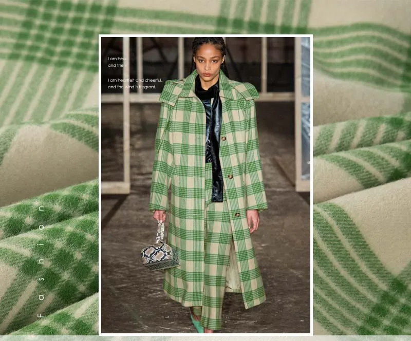

145cm width green checked double-sided woolen overcoat fabric