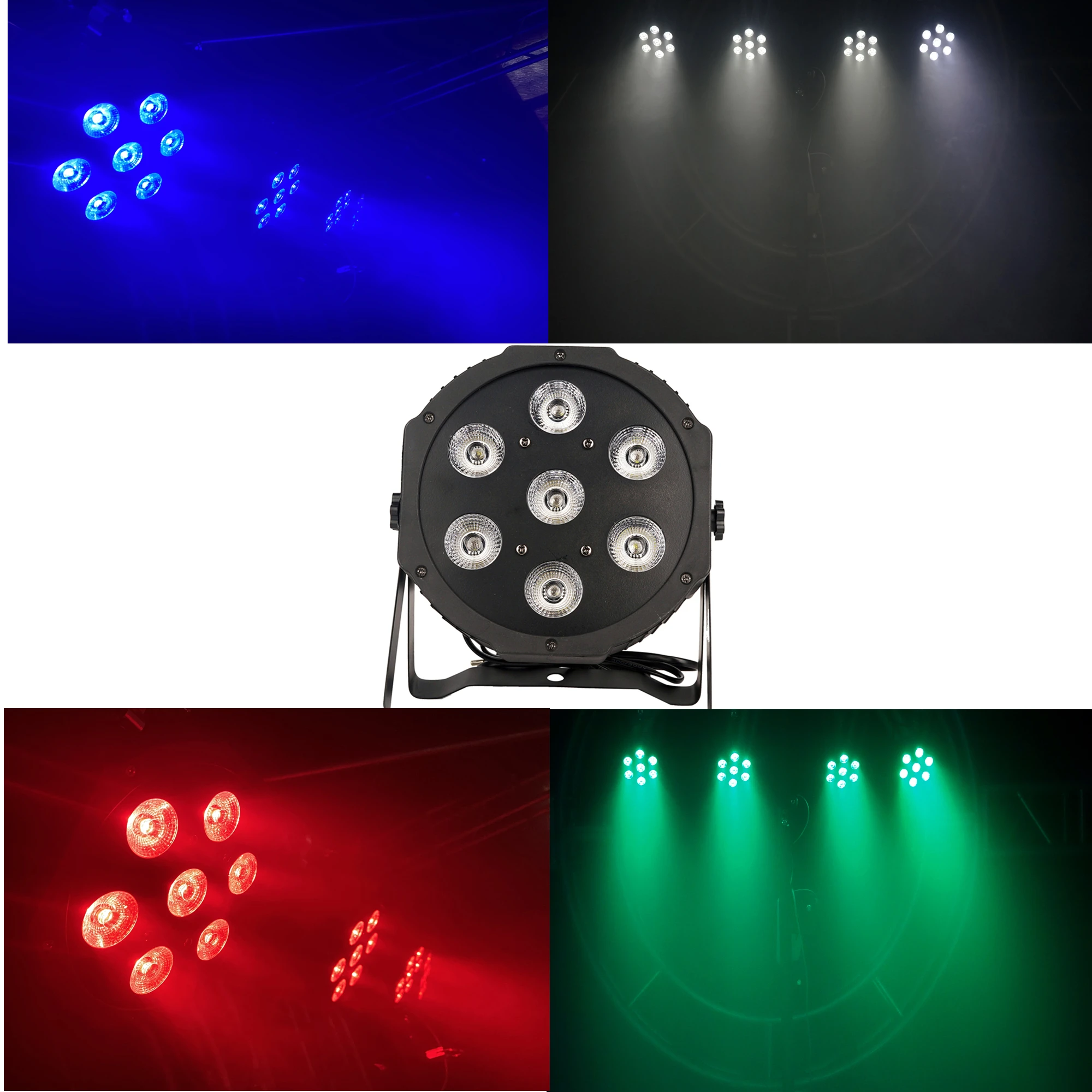 

7X12W RGBW4in1 seven plastic par lights are suitable for family gatherings, discos, bars, dance halls and other places