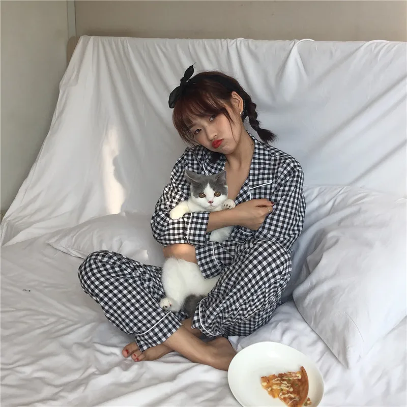 2019 Осенняя хлопковая клетчатая женская пижама топы с длинными рукавами + длинные