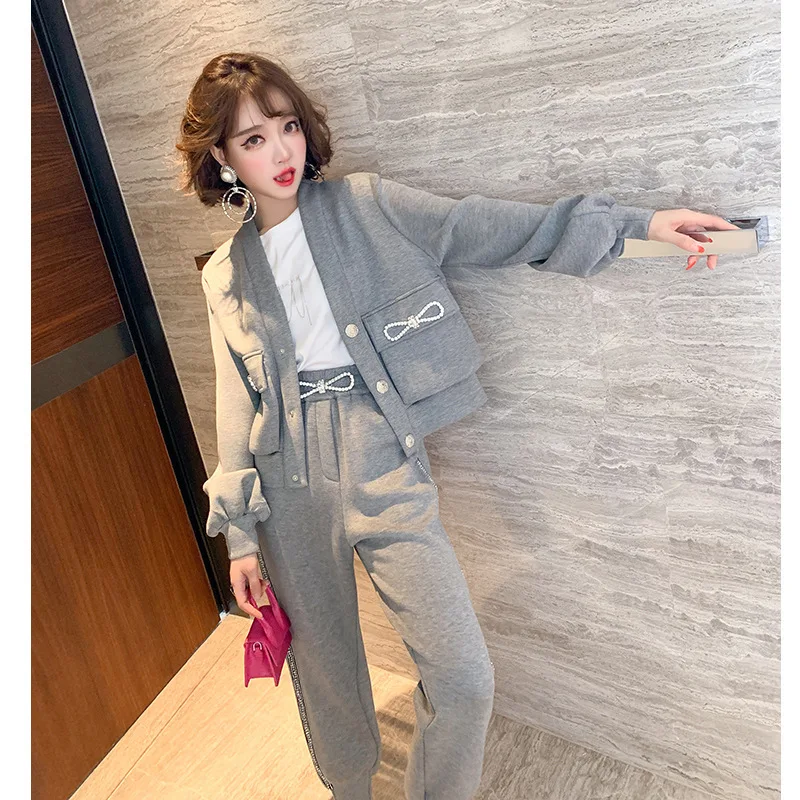 

Single-row Button-up Diamond-encrusted Bow V-neck Jacket and Drill-striped Trousers Set Women's Autumn New Suits for Women