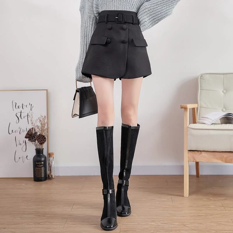 

Zoulv Female High Waist Black Fake Two-Piece Shorts Skirt Female Plus Size Short Skirt Mini Women Short Skirt Retro Belt Shorts