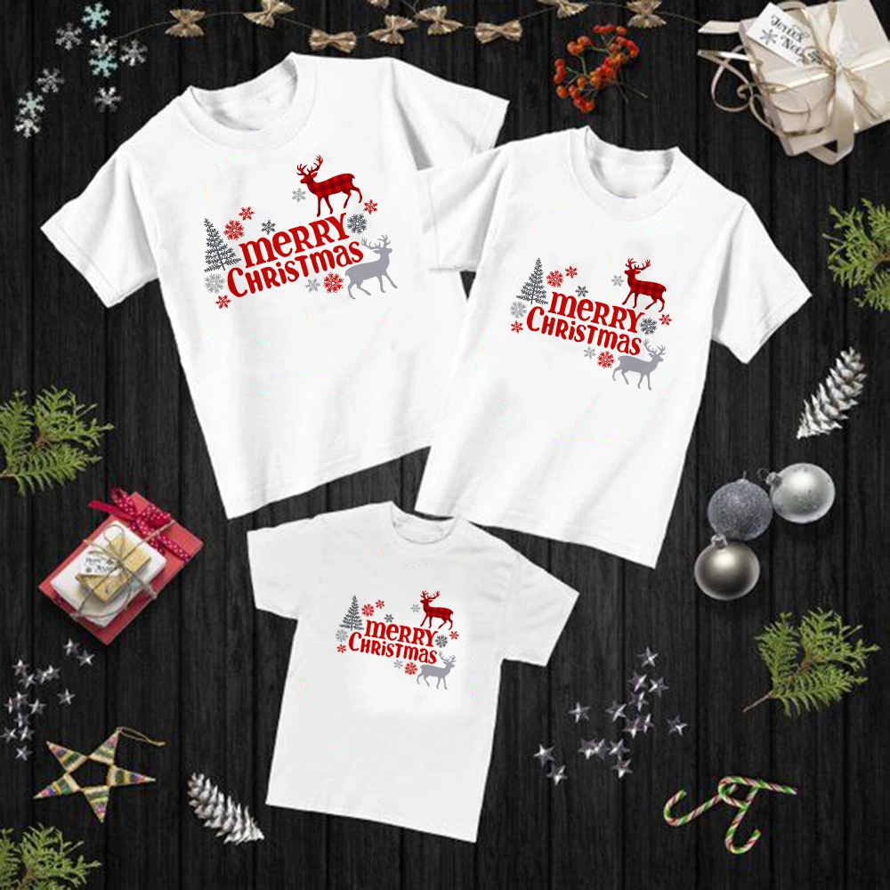 

1pc Plaid Merry Christmas Family Matching Clothes Baby Girl Boys Holiday Party T Shirt Father Mother Family Short Sleeve Clothes