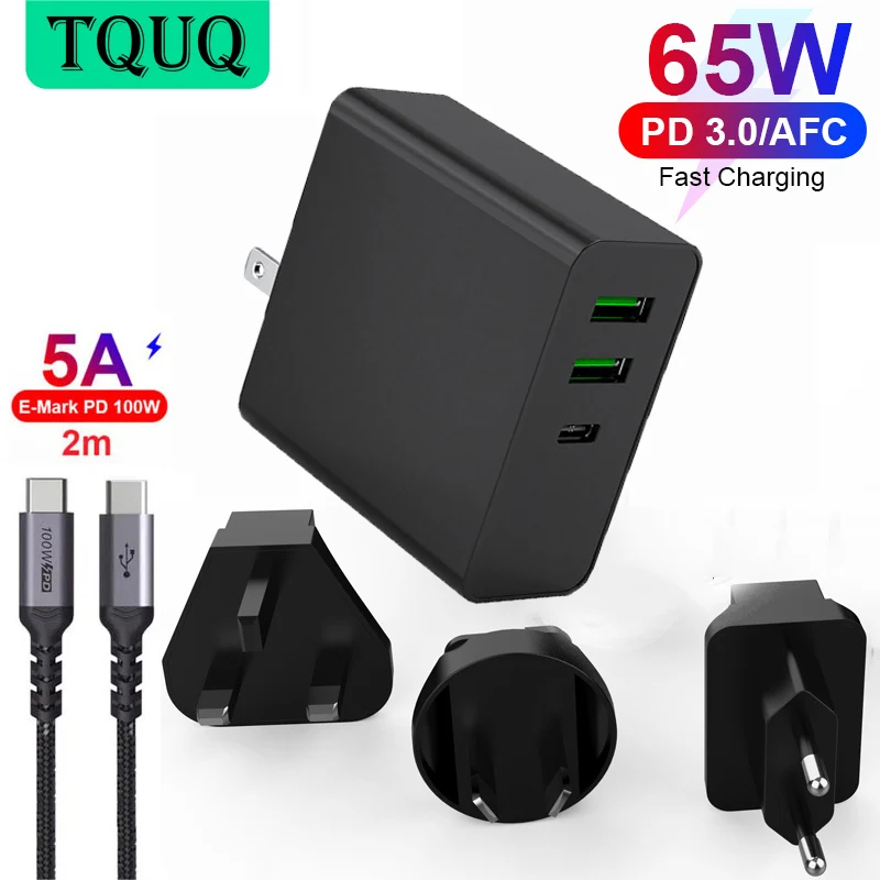 

Быстрое зарядное устройство TQUQ с 3 USB-портами, 65 Вт, 1 порт PD, 65 Вт, 45 Вт, 20 Вт, 2 USB-порта, дорожный адаптер 5A, кабель для Lenovo MacBook Pro, Xiaomi, iPhone
