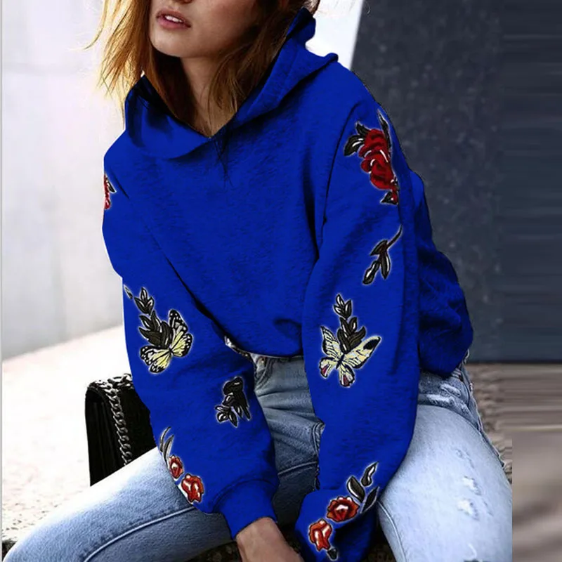 

2021 Fashion Streetwear Womens Hooded Sweatshirt Autumn Long Sleeve Loose Hoodies Street Style Floral Printed Sweatshirts Ladies