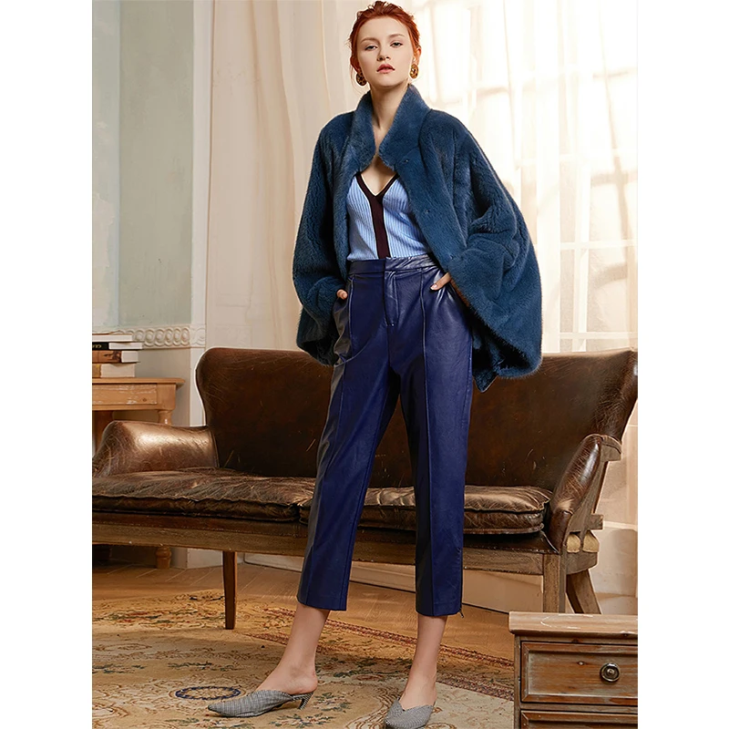 FURSARCAR New 2021 Natural Mink Fur Coats Women Winter Luxury Blue Color Outwear Flared Sleeves Whole Skin Real Fur Mink Jacket