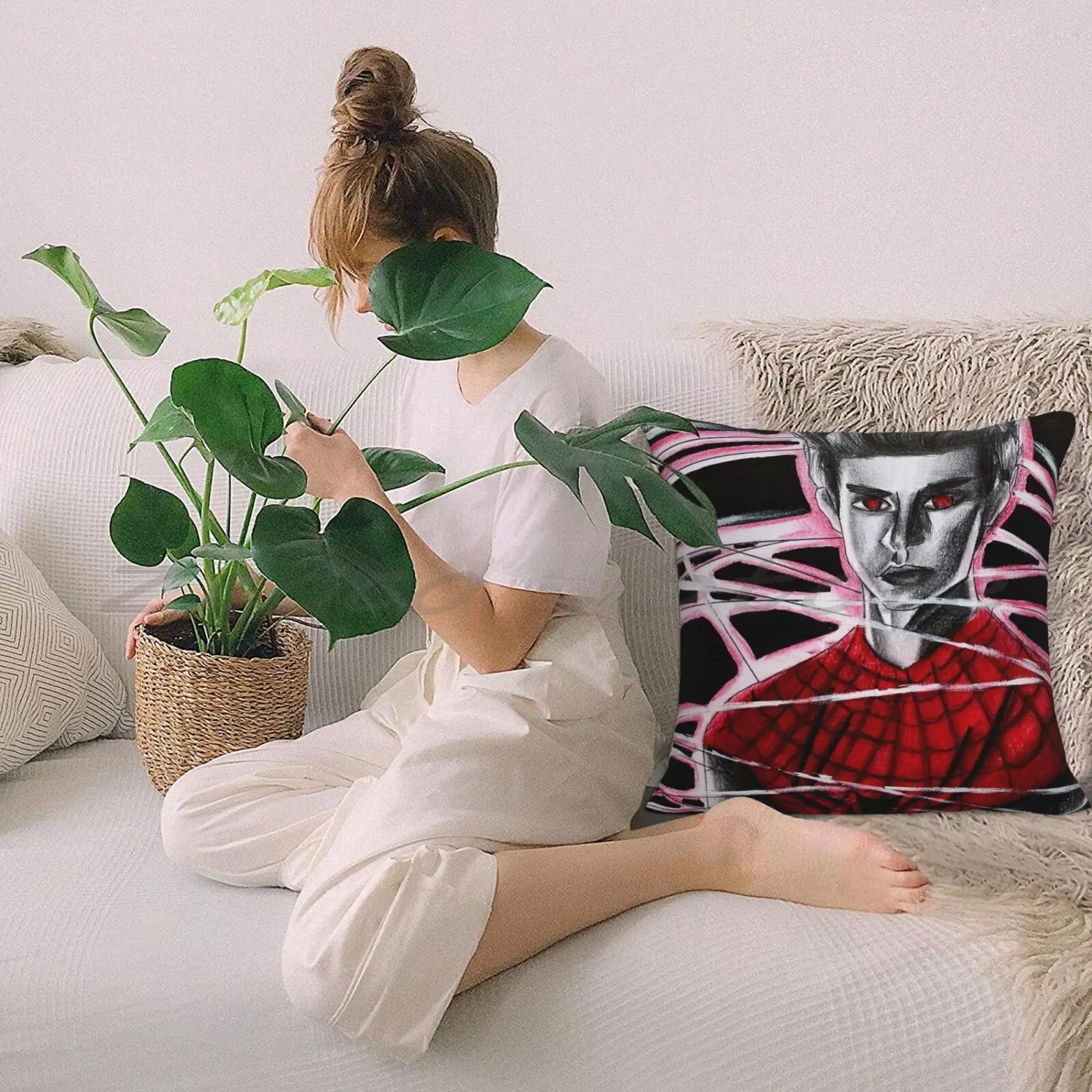 Spidey Pillowcase Lettering Throw Pillow Cover Cotton Flax Plush Pompom Superhero Peterparker Fanart Artist Red Pink Pen Pencil |