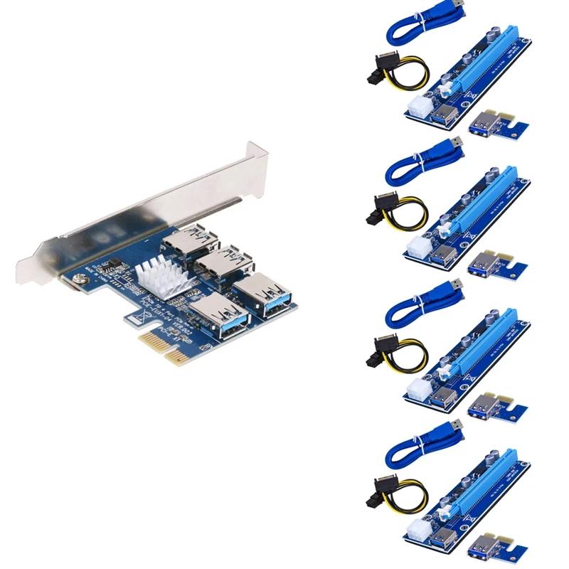 

PCI-E 1 to 4 USB3.0 Expansion Card + 4Xpcie 1X to 16X 6Pin Image Card Expansion Cable Adapter Card Set for Btc Mining