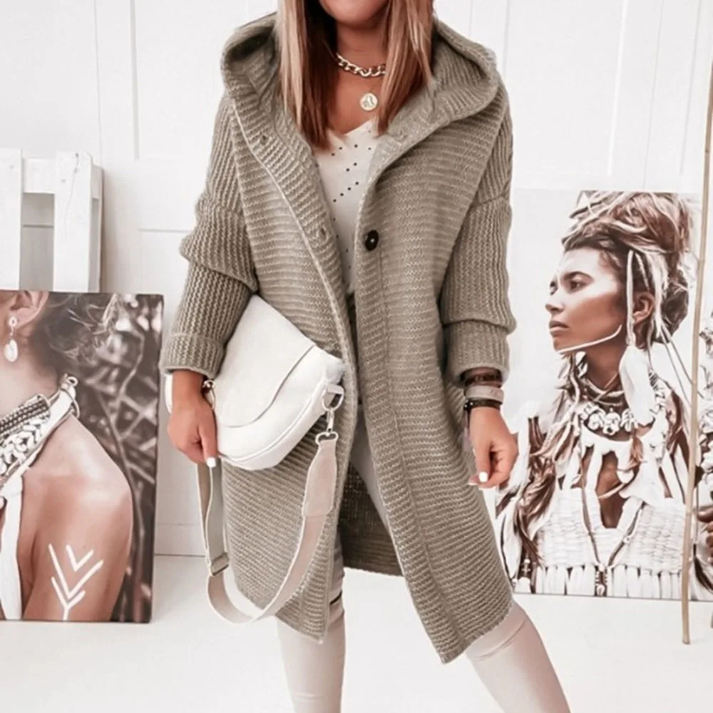 

Patchwork Regular Hooded Women's Sweater New Knitting Women Fashion Casual Solid ColorLoose Cardigan Female Autumn Winter Jacket