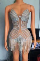 glisten silver rhinestones mini dress crystals fringes outfit birthday celebrate sexy stage costume performance women dancer