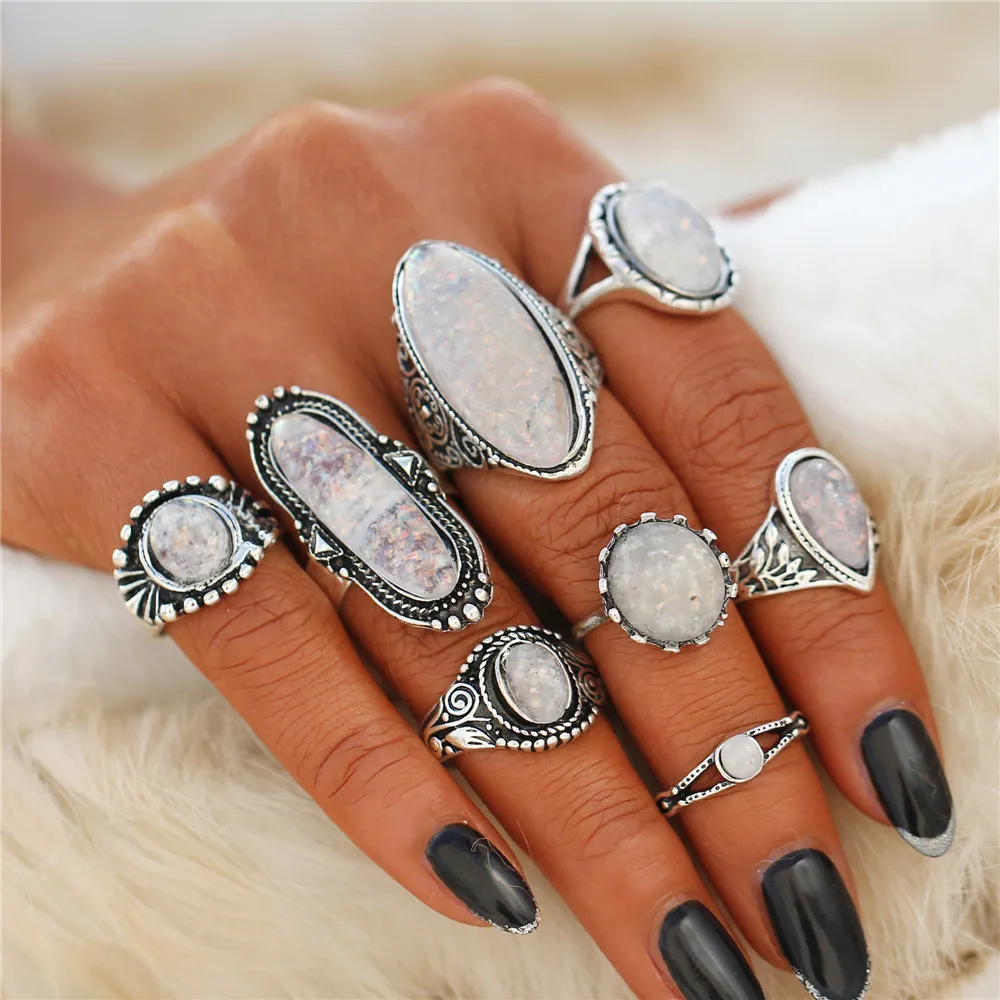 Винтажные наборы колец для женщин богемский серебристый цвет опал камень слон