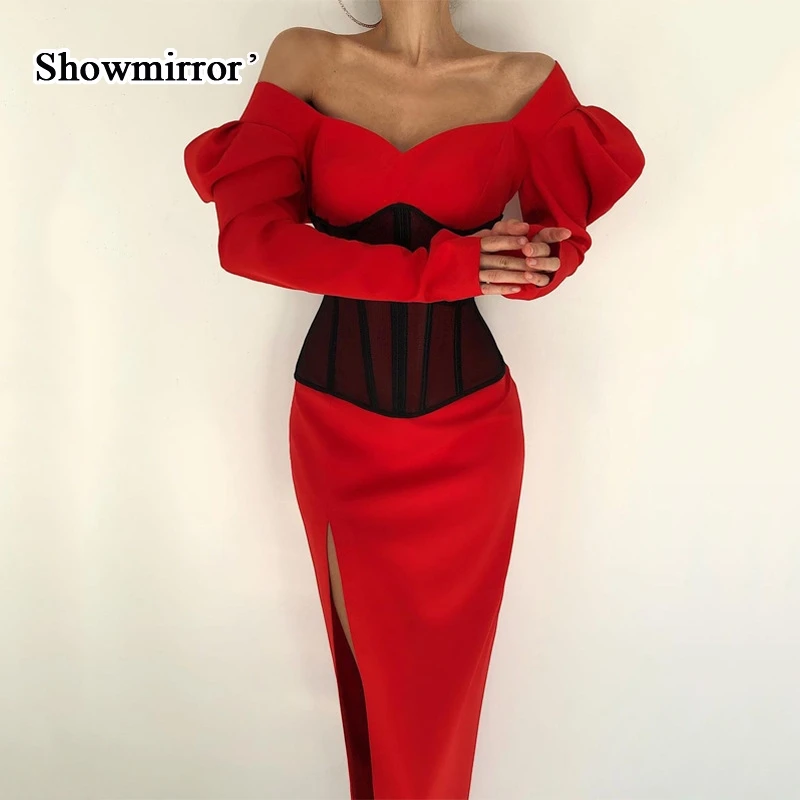 

Showmirror Women Fashion Sexy High Split Bodycon Dress Ladies Square Collar Puff Sleeve ​Elegant Party Slim Dresses Autum