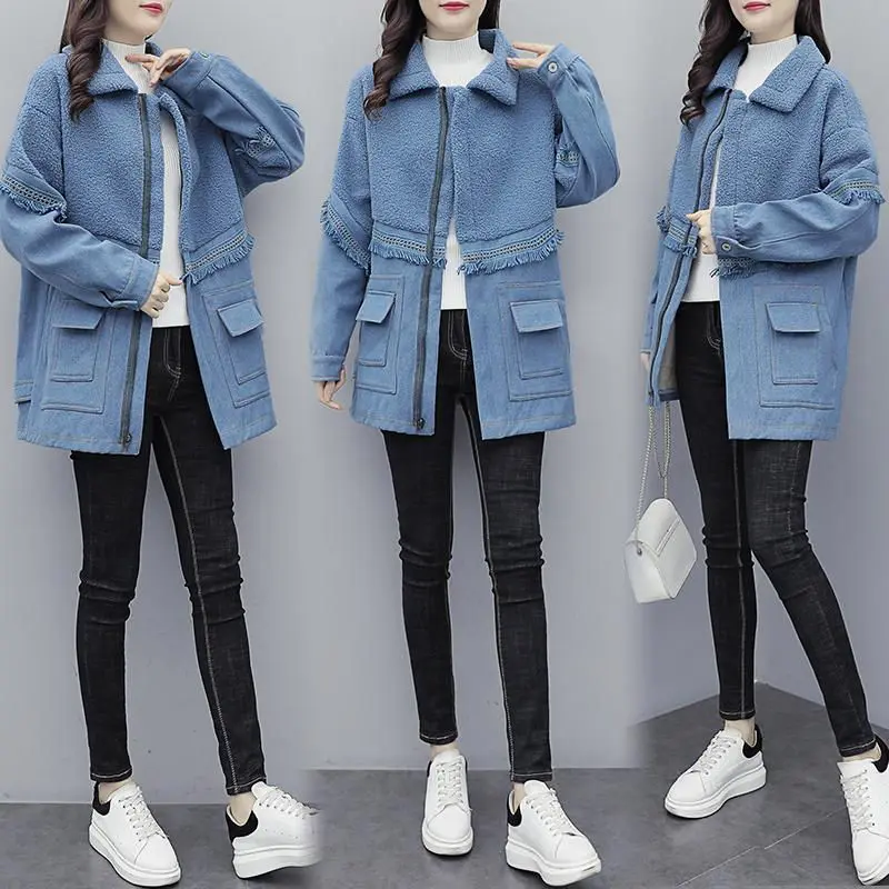 

2020 Autumn Winter Clothing New Large Size Women's Plus Velvet Tassel Denim Stitching Lamb Woolen Coats and Jackets f2140