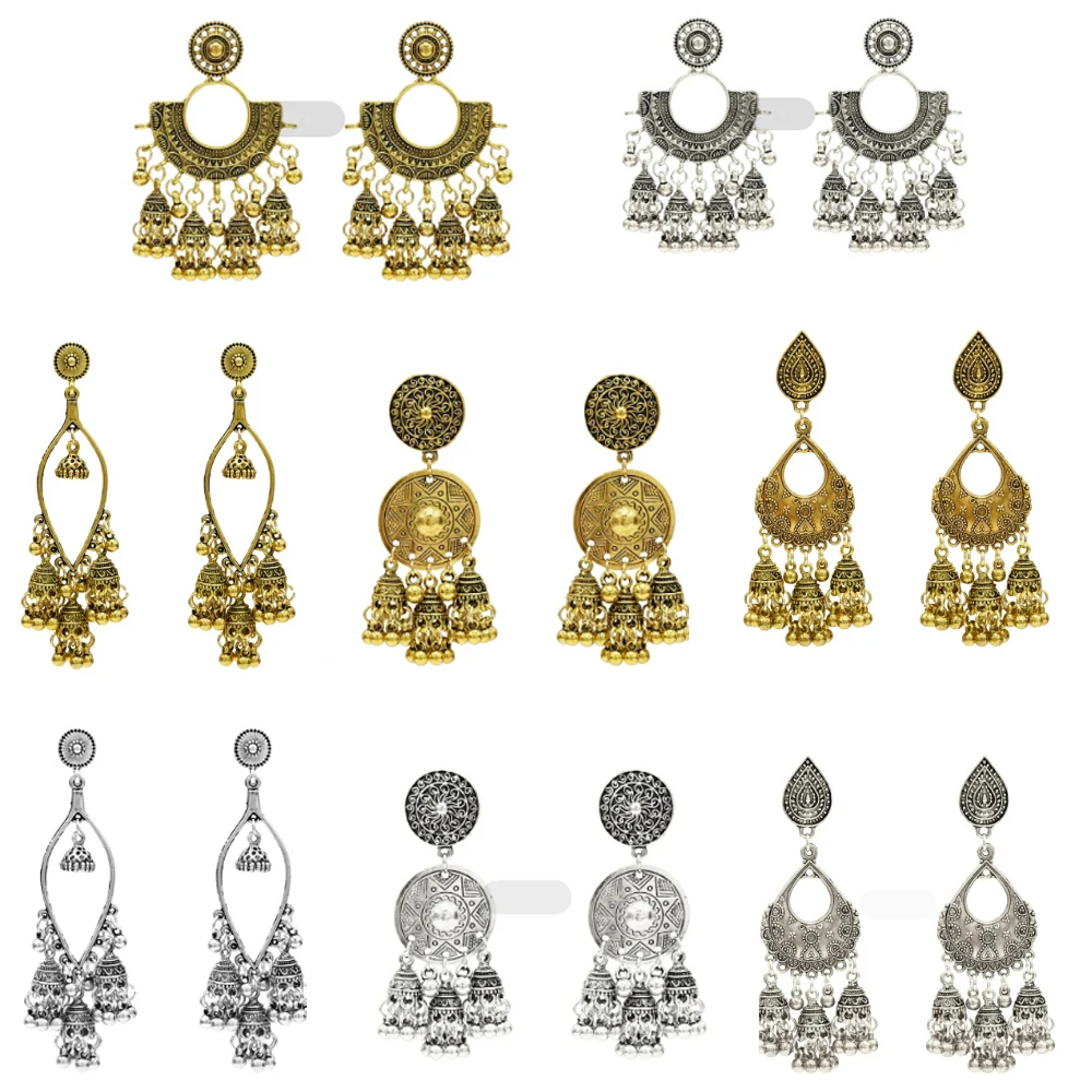 

Thailand Indian Jhumka Jewelry Vintage Bells Tassel Statement Earrings Color Women Oorbellen Tribal Egypt Gypsy