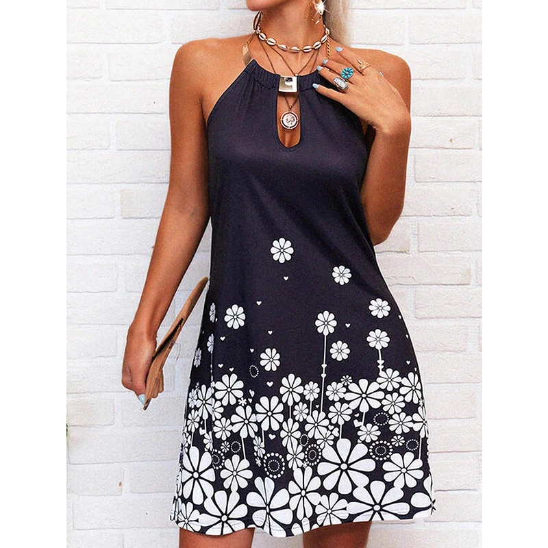 

Summer Fashion Personality Women's Dress Sexy Hollow Round Neck Metal Hanging Neck Printing Strapless Slim Knee-length Skirt