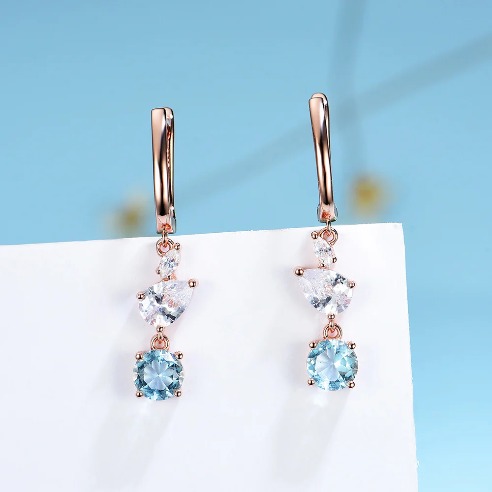 Kuololit 585 Rose Gold Hoop Earrings for Women Solid 925 Sterling Silver Blue Topaz Gemstone Party Fine Jewelry New 2021 | Украшения и
