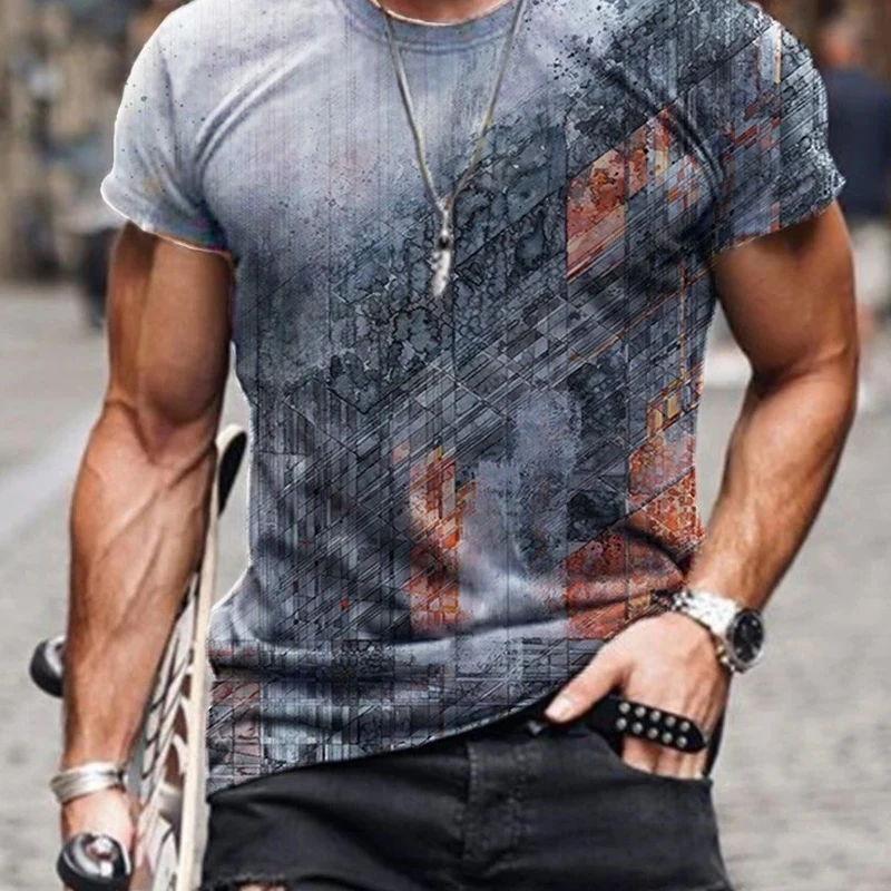 

2021 New Arrival Men Fashion Abstract Printed Casual Tops Summer Loose Short Sleeves Round Neck T-Shirts Plus Size Tops