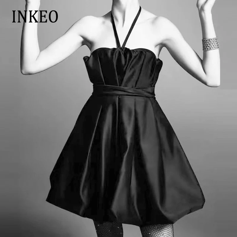 

Женское платье с лямкой на шее, черное плиссированное платье-мини без рукавов, модель INKEO 1D172 на лето, 2022