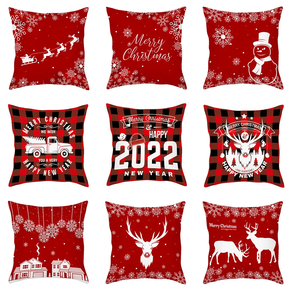 

Christmas Cushion Cover 18x18 Inch Red Merry Christmas Printed Farmhouse Decorative Buffalo Check Linen Pillowcase