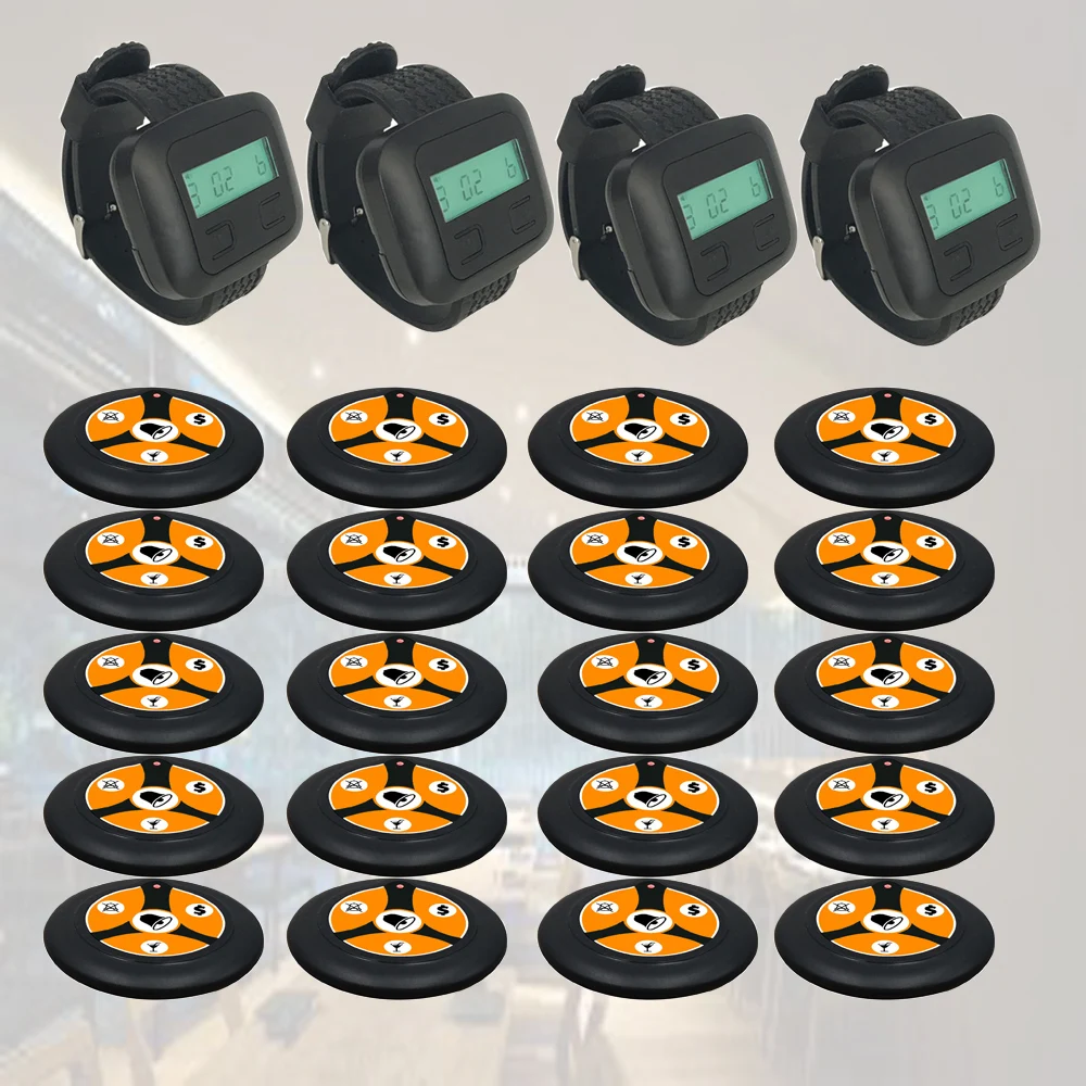 Wireless Waiter Buzzer Call System 4 Wristwatch Receiver + 20 Buttons Black For Restaurant Coffee