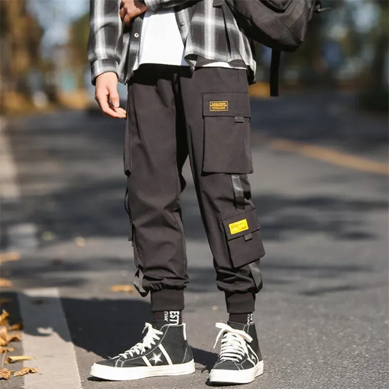 2021 Весна Брюки карго Для мужчин Drawstring хлопка много карманов ночной клуб бар брюки