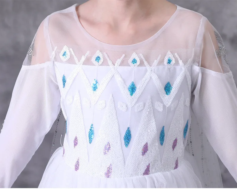 

2020 NEW Elsa 2 White Dresses For Girls Elsa Costume Carnival Birthday Party Dress Girls Princess Sequined Long Dress with Cloak