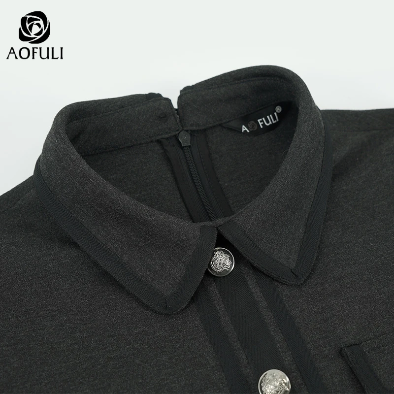 L~ 4XL 5XL пуговицы в британском стиле хлопковое платье леди с отложным воротником с длинным рукавом тонкая талия длиной до колена теплое платье AOFULI A4103