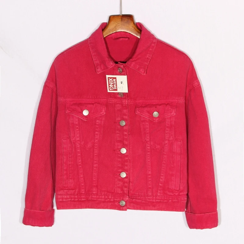 

Spring Autumn Korean Rose red Denim Jacket Women Loose Student Outerwear Chaqueta Mujer Long sleeve Short Jeans Jackets Female
