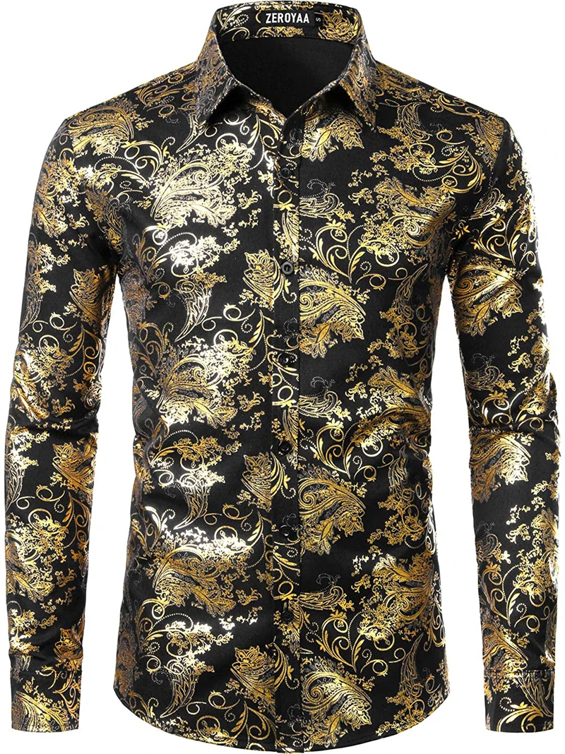 Mens Luxury Paisley Floral Gold Shiny Print Shirts Camisas Stylish Slim Long Sleeve Dress Shirt for Party Prom Show Men Clothing