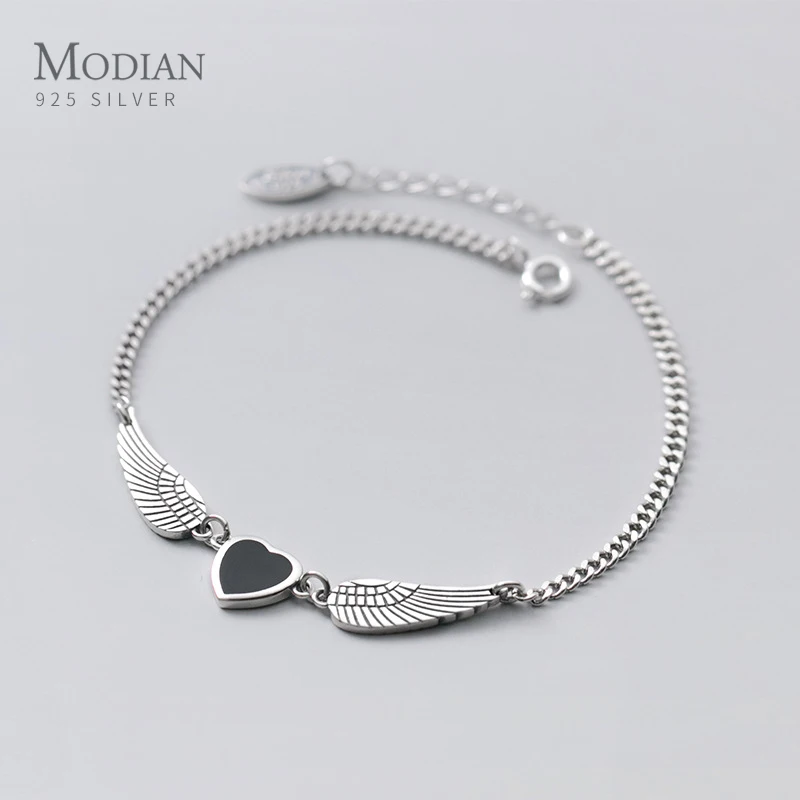 

Modian Hight Quality Vintage 925 Sterling Silver Lettering Black Love Hearts Angel Wings Bracelets Anklet for Women Fine Jewelry