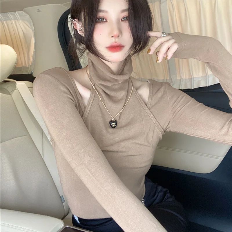 

Korean Clothes New Spring/Autumn Women's Clothing Fake Two Clothes Streetwear T-Shirts Hollow Out Turtleneck Skinny Slim Trend