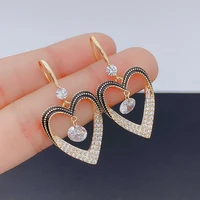 simple design black hollow acrylic rhinestone pendant heart shaped earrings ladies new fashion earrings pierced jewelry gifts