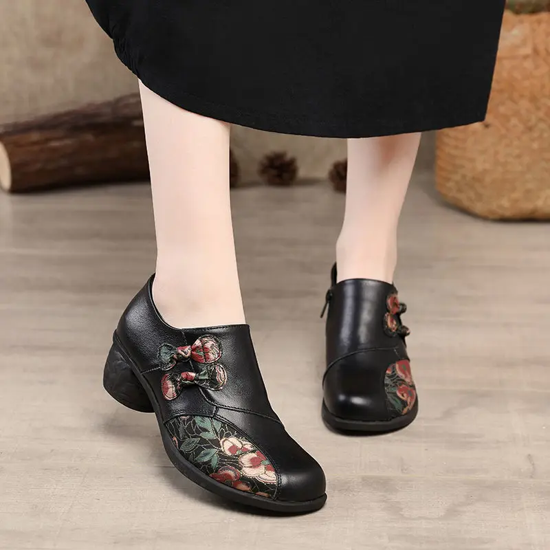 Retro Flower Print Boho Shoes On Heels Red Woman Pumps Genuine Leather Women's Medium Heels Designer Ladies Pumps Women Shoes