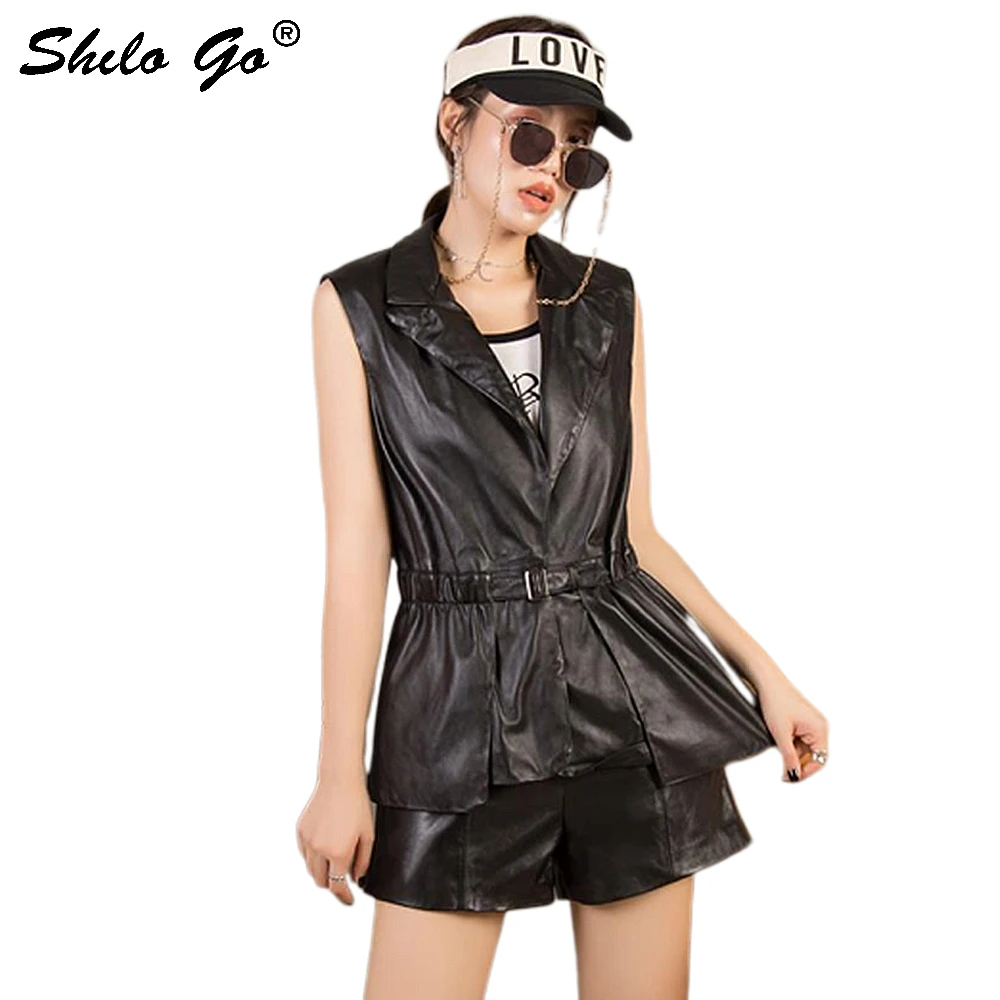 Женский Элегантный жилет из натуральной кожи Осенний черный офисный без рукавов